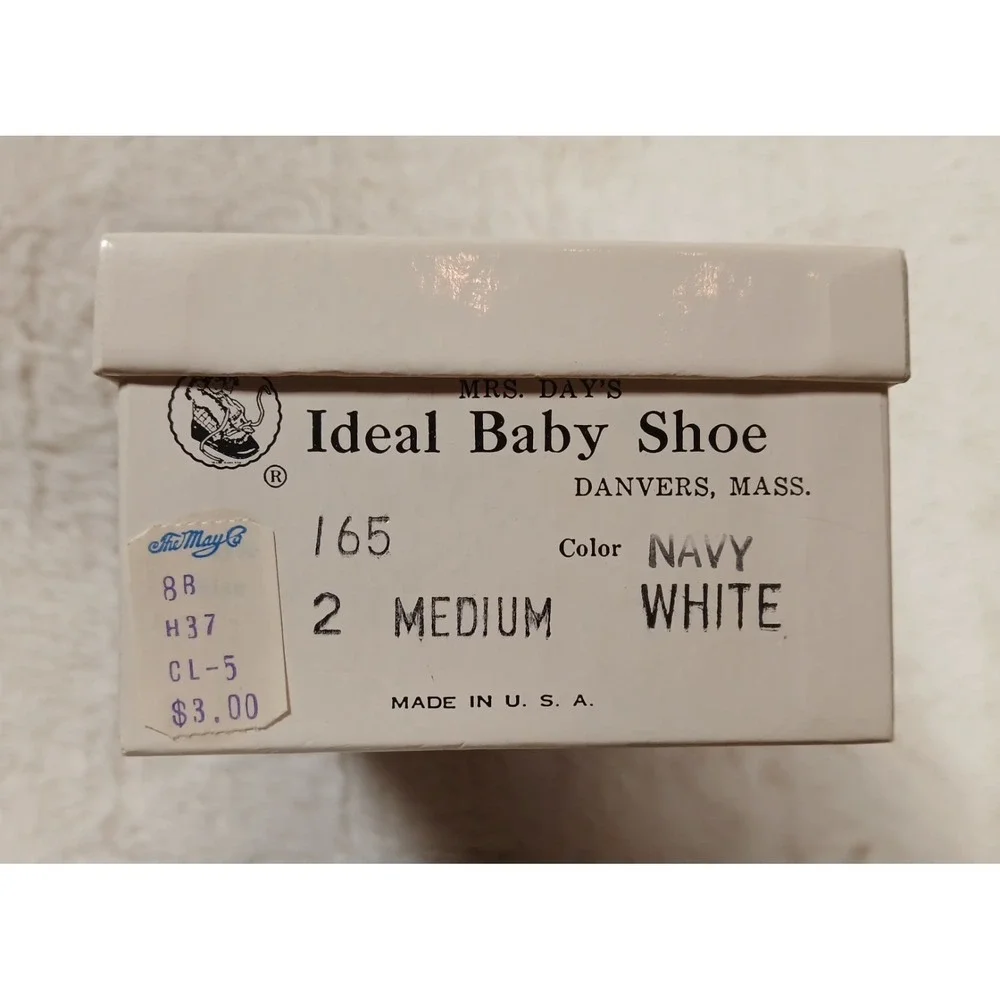 Vtg Mrs. Day's Ideal Baby Shoe White & Navy‎ Soft Leather Shoes Infant  Wearable